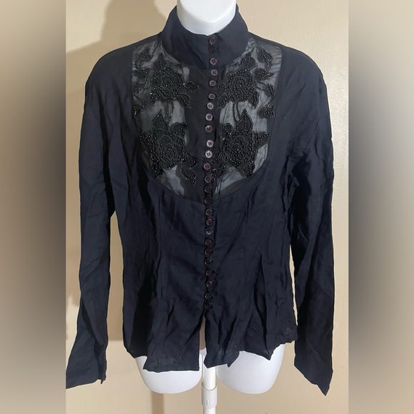 Vintage Button Down Black Long Sleeve Women’s Top Lace Cutouts Large - Picture 1 of 9